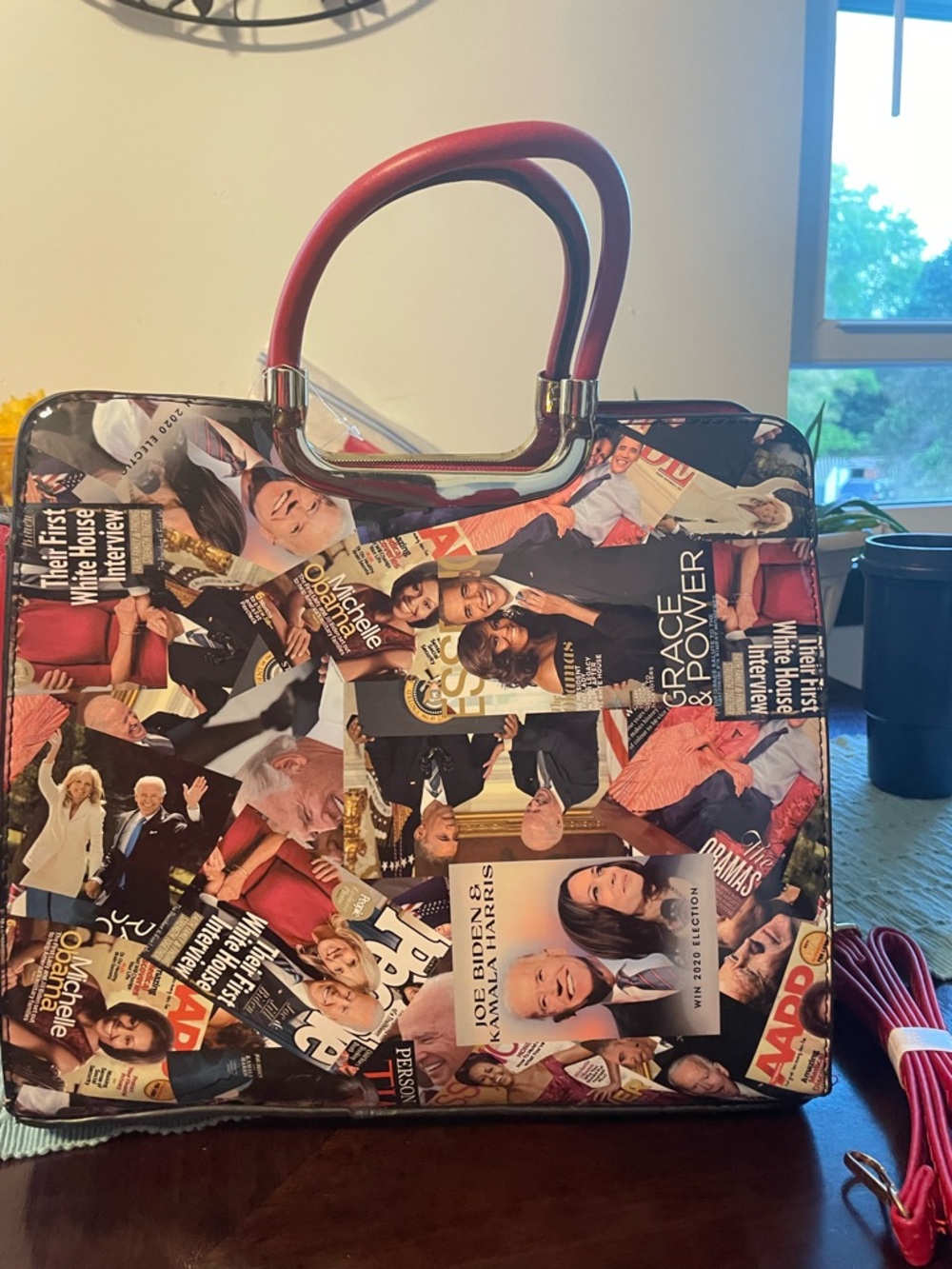 Magazine Collage Print Satchel Handbag with Red Handles
